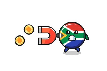 the character of south africa flag hold a magnet to catch the gold coins