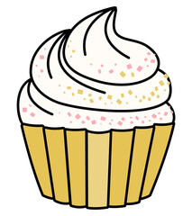 Easter special pink yellow sweet creamy cupcake. Doodle cartoon vector illustration isolated on white. For greeting card, sticker or invitation