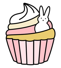 Easter special pink yellow sweet creamy cupcake with cute tiny sugar bunny. Doodle cartoon vector illustration isolated on white. For greeting card, sticker or invitation.