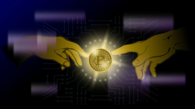 Bitcoin creation, digital cryptocurrency mining. Golden coin with bitcoin symbol. Vector illustration