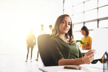 Im always confident in my business ability. Cropped portrait of an attractive young woman working in a modern office with her colleagues in the background.