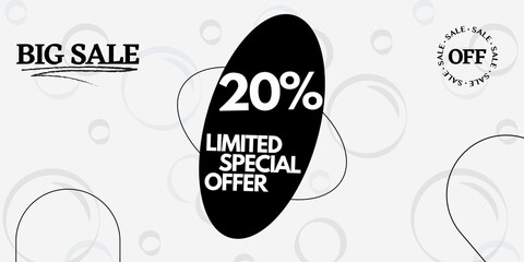 20% off limited special offer. Banner with twenty percent discount on a white background with black circles