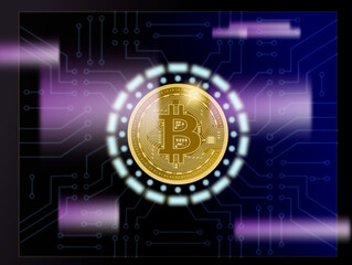 Digital cryptocurrency mining. Vector illustration. Golden coin with bitcoin symbol on bluish background.