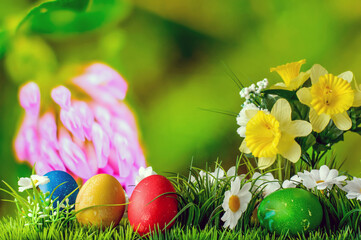Easter colored eggs, a composition with flowers grass