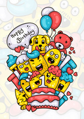 family and friends wishing happy first birthday to the baby girl hand drawn doodle artwork