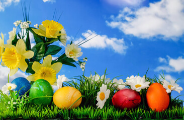 Easter colored eggs, a composition with grass, flowers and sky