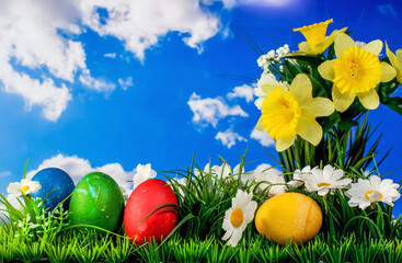 Fototapeta premium Easter colored eggs, a composition with grass, flowers and sky