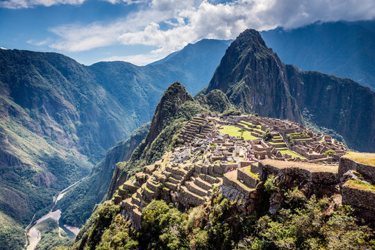 Machu Picchu, the Inca citadel high in the Andes, above the Sacred Valley, plateau with buildings and terraces.