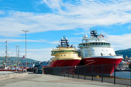 BERGEN, NORWAY - JULY 15, 2018: The Eldborg and the Skandi Bergen offshore tug/supply ships moored at the Port of Bergen