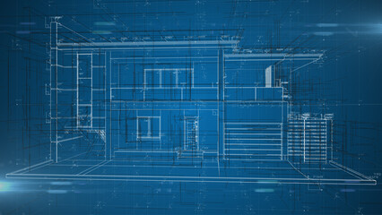 Architecture engineering design schematic of a house home exterior blueprint wire frame in abstract form for building and construction - Illustration Rendering