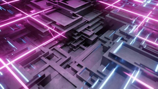 Animation loop, Sci-fi neon line, bright light, geometric cubic shapes, Illustration Abstract 3d Render