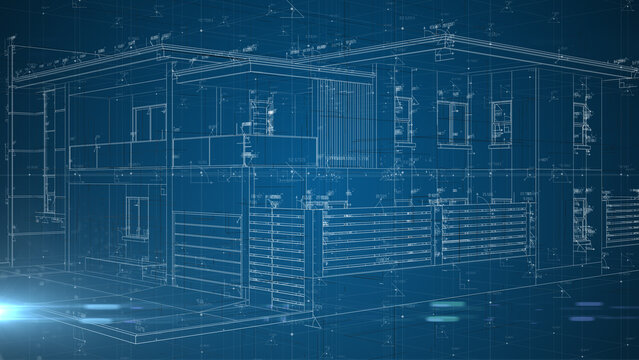 Architecture Engineering Design Schematic Of A House Home Exterior Blueprint Wire Frame In Abstract Form For Building And Construction - Illustration Rendering