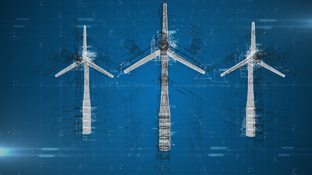 Wind turbine windmill alternative renewable energy engineering design schematic blueprint wire frame - Illustration Rendering