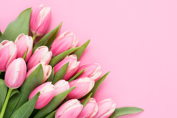Obraz na płótnie Canvas Bunch of pink tulip flowers on a pink background. Mothers Day, Valentines Day, birthday concept