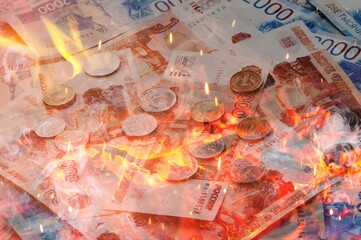 Background of russian rubles with fire flames