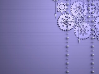 Abstract lilac background with steampunk elements: metal gears, clock hands, chains, pearls and various details. The color of 2022. Copy space below the text. 3D illustration
