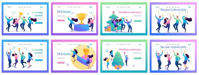 Set of corporate landing pages. Isometric 3D and 2D illustrations. Employees celebrate the victory, have fun for the new year, a fun corporate party