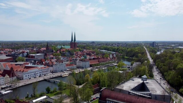 Famous Holsten Gate in the city of Lubeck Germany - aerial photography