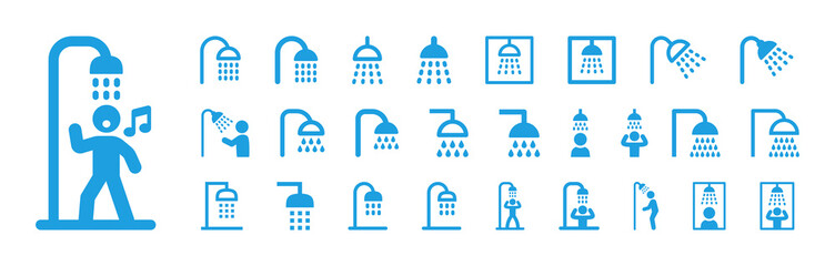 Shower icon collection. Shower icon vector in blue design. - obrazy, fototapety, plakaty