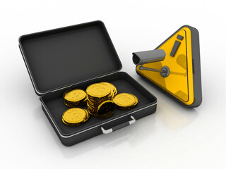 3d rendering bitcoin sign gold coin in briefcase near CCTV camera
