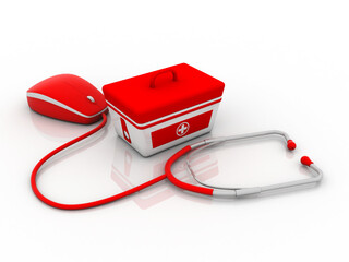 3d rendering First aid kit with Stethoscope connected mouse