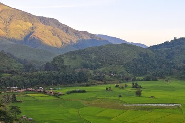 Fototapeta na wymiar Mountain range scenery and rice fields at Ban Sapan village, Small village in Nan province, THAILAND.