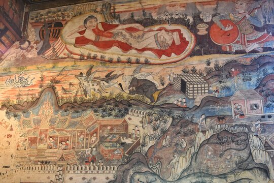 Ancient mural painting in the main chapel of Nong Bua temple in Nan province, THAILAND.