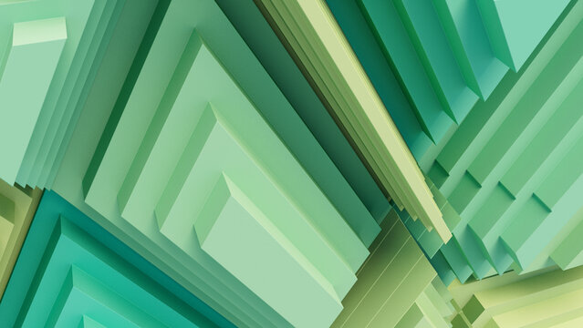 Turquoise and Yellow Tech Background with a Geometric 3D Structure. Clean, Stepped design with Extruded Futuristic Forms. 3D Render.