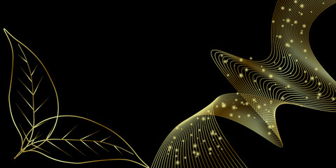 Black background with gold lines and leaves