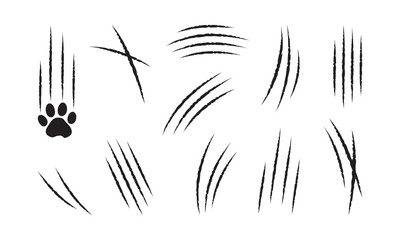 Claw cat scratch, slash vector icon, black paw mark set isolated on white background. Animal simple illustration - obrazy, fototapety, plakaty