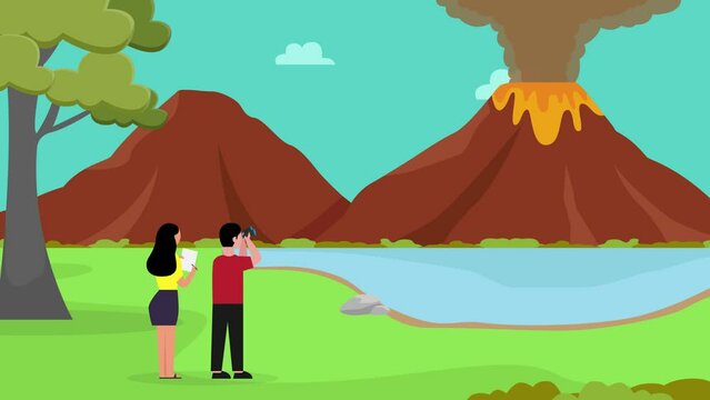 Two people studying volcano eruption
