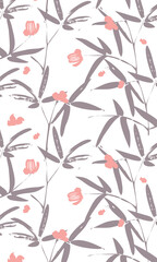 Coral Flower pattern with scattered Tulip flowers, leaves and plants. Summer illustration in vintage style on white background.