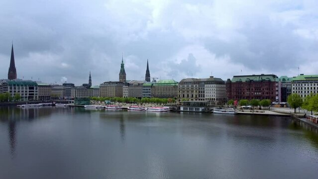 The beautiful city center of Hamburg with Alster River lake - aerial photography