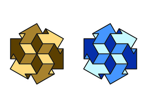 3d Geometrical Design Of A Group Of Block Arrows Pointing In All Directions. Set Of Two With Fill Colors Of Golden Browns Or Blues Both Against A White Background.