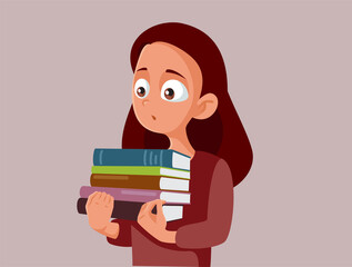 Stressed Student Holding Many Textbooks Vector Cartoon Illustration