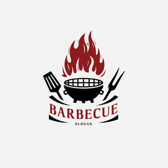 minimalist concept barbecue vector illustration with grill, fire, spatula and grill fork for bbq restaurant logo design