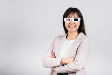 Smiling woman confidence wearing 3d cinema movie glasses red and blue isolated white background, Asian happy portrait beautiful young female in television film studio shot, copy space