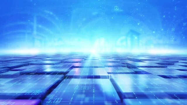 High tech block news background is a spectacular motion graphics background. Blue technology cube news section video, TV show promotion background, enterprise technology product introduction.