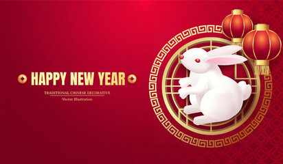 The year of the Rabbit. Greeting card template 2023 with white rabbit and chinese lantern. Vector illustrations wild animal zodiac sign. abstract design element icon. Horoscope concept