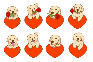 Cartoon golden retriever dog holding red rose flower with heart, Lovely dog in love on valentines day