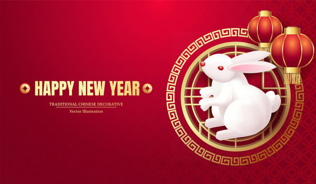 The year of the Rabbit. Greeting card template 2023 with white rabbit and chinese lantern. Vector illustrations wild animal zodiac sign. abstract design element icon. Horoscope concept