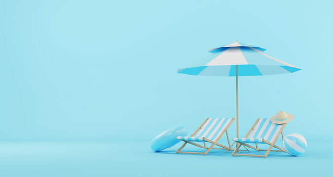 Blue beach umbrella, beach ball, swimming ring and beach chair on blue background. Summer travel and holiday concept. 3d illustration