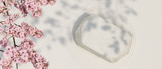 Japanese garden nature light background. stone podium and cherry blossom white background. for branding and product presentation. 3d rendering illustration.