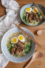 Delicious homemade Japanese meal. Tonkatsu Ramen with Pork Chashu, Ajitsuke Tamago and Seaweed.