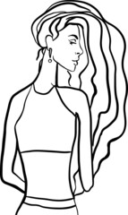 Sporty girl in sportswear with long hair. Vector sketch illustration.