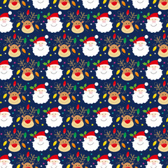 christmas seamless pattern with santa and reindeer face