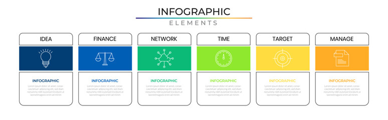 Minimal six progress horizontal row infographic elements plan concept design vector with icons. Annual business timeline network project plan template for presentation and report.