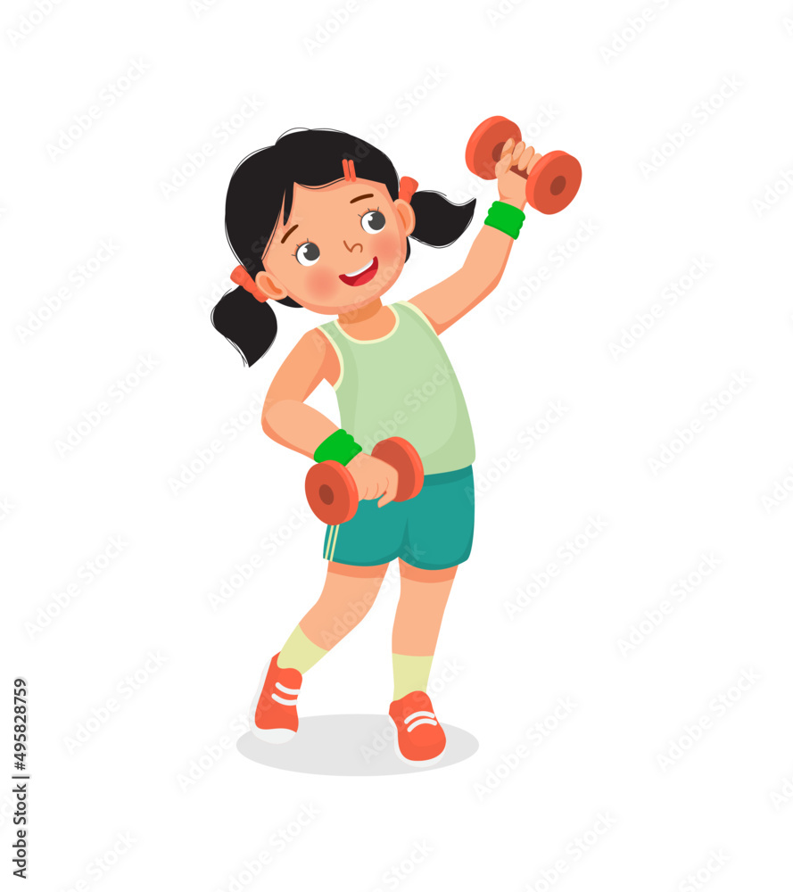 Sticker Healthy cute little girl doing sport exercises fitness workout with dumbbells