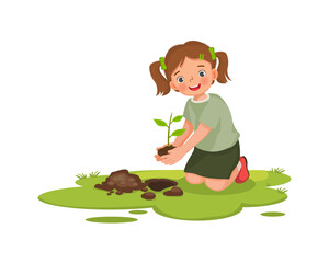 cute little girl planting young tree seedlings in the garden 