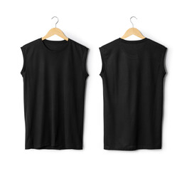 Realistic gray sport Tank top mockup hanging front and back view isolated on white background with...